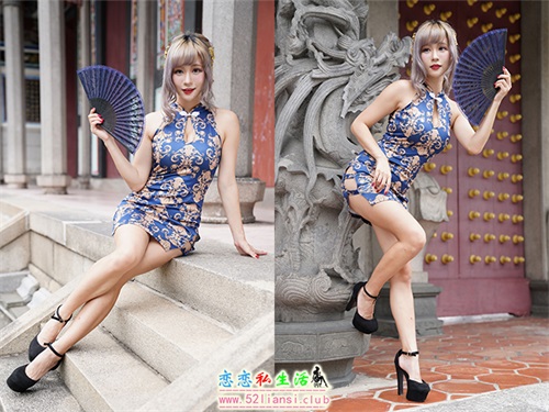 [街拍丝足]149-薛凯云 蓝花短旗袍高跟美腿【125P/184M】